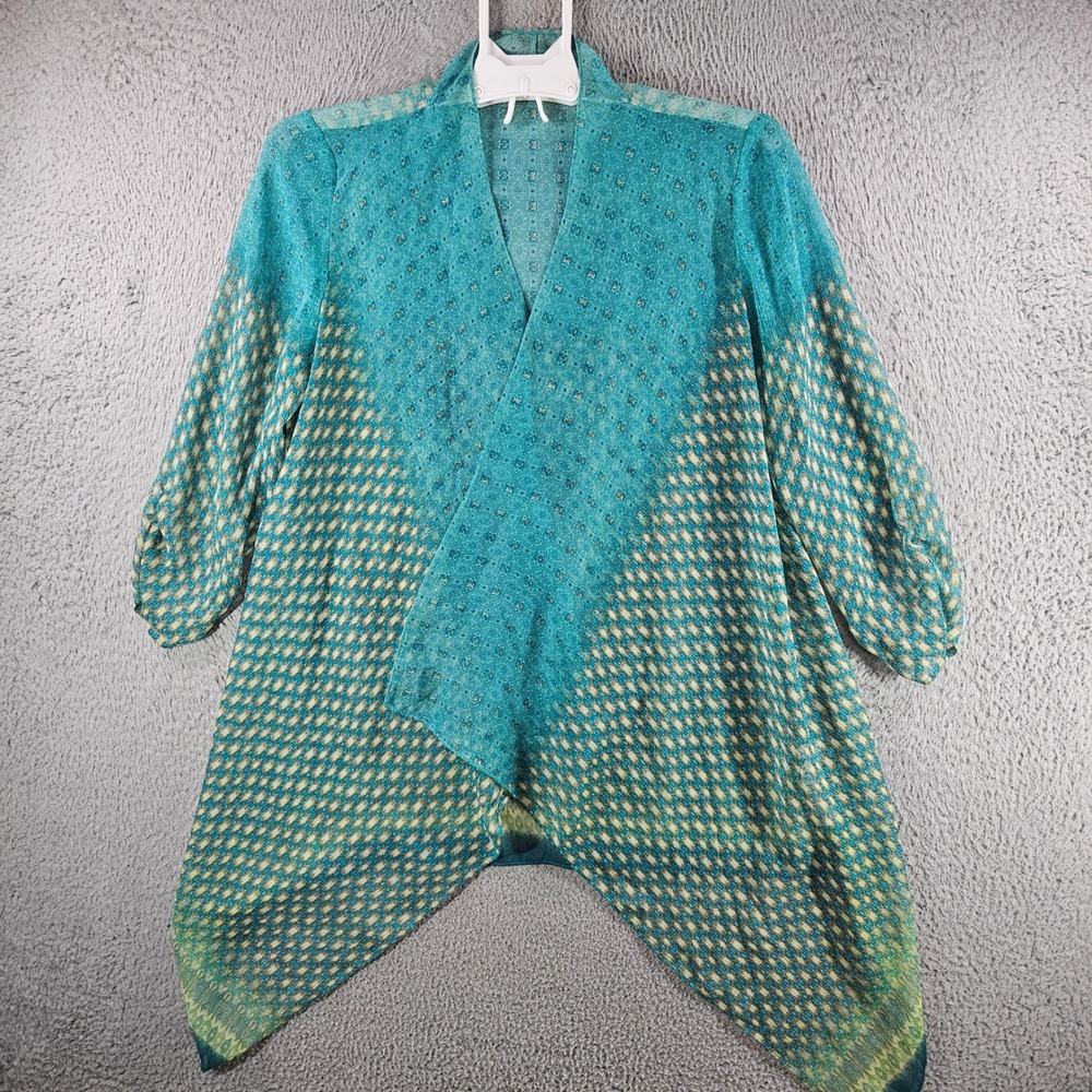 Chico's Teal Green Geometric Open‎ Front Sheer Cardigan Handkerchief Hem Womens